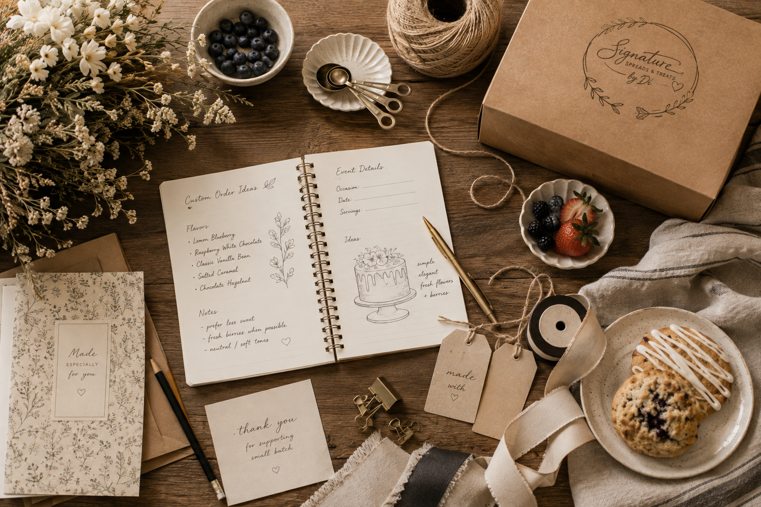 Custom-order planning workspace with a notebook, flavor ideas, packaging, ribbon, berries, and bakery details